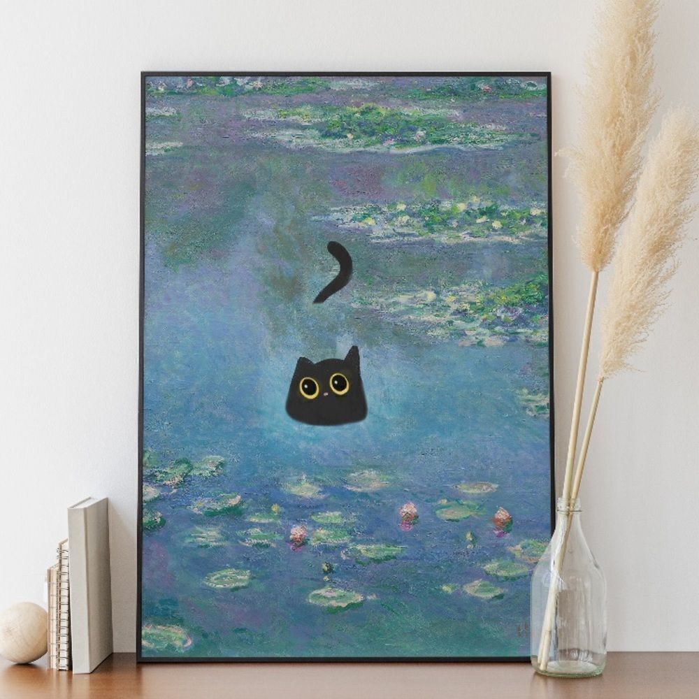 Monet Water Lilies Black Cat Print